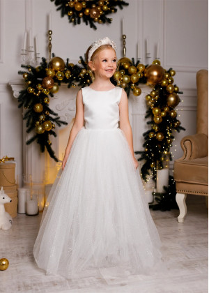 Ivory Satin Glitter Tulle Flower Girl Dress With Double Bow